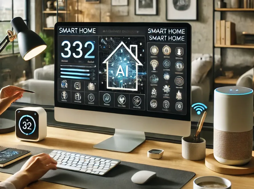 A small business owner setting up AI-powered home management systems in a modern smart home setting, with smart home controls for temperature, lighting, and security displayed on the computer screen.