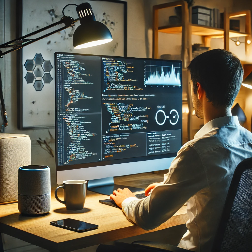 A small business owner refining machine learning algorithms for AI model development in a modern smart home office, with code and model graphs displayed on the computer screen.