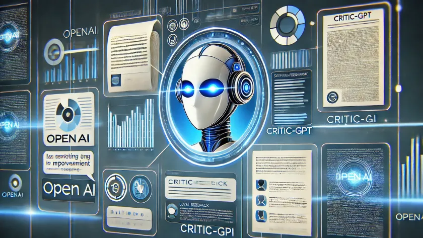 A futuristic and sleek illustration showcasing the capabilities of OpenAI's CRITIC-GPT. The image features a stylized AI interface analyzing a variety