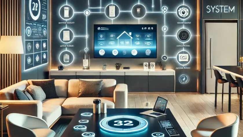 A modern home interior showcasing a smart home system customized for maximum efficiency, including a central smart hub, smart thermostat, automated lighting, smart plugs, and a security system.