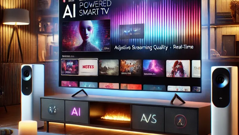 A modern living room featuring a sleek AI-powered smart TV with a vibrant streaming interface showing personalized content, adaptive quality, and real-time subtitles.