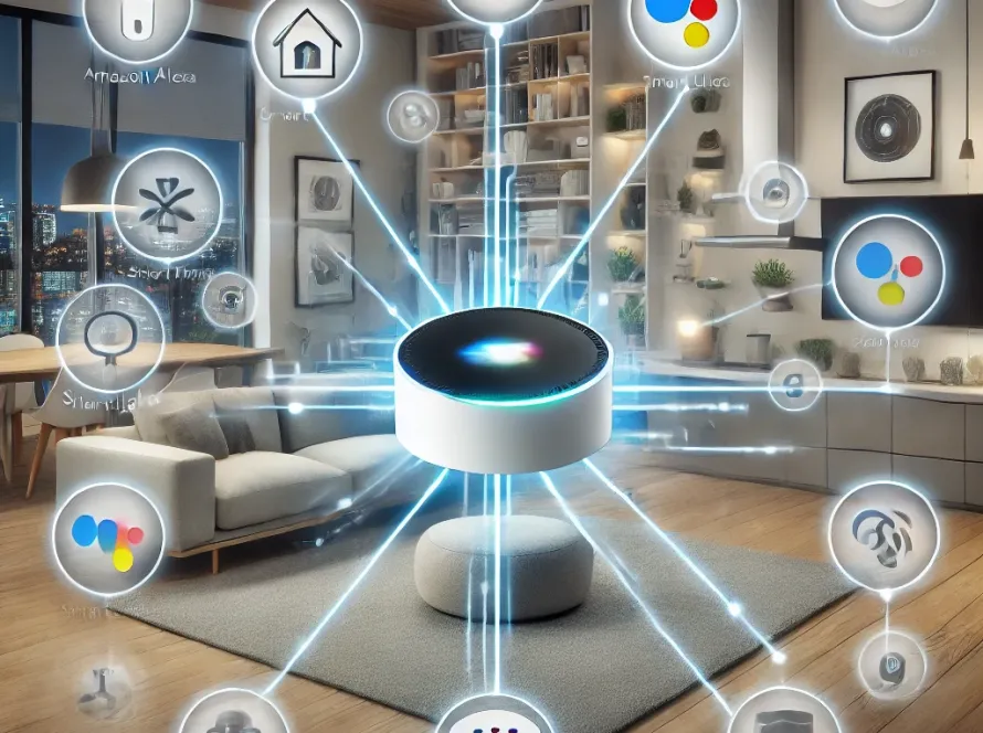 A modern home interior showcasing the integration of multiple AI platforms controlling smart devices like lights, thermostat, and security cameras, with a smart hub ensuring seamless cross-platform communication.