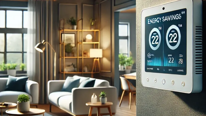 A modern home interior with a smart thermostat mounted on the wall, displaying energy savings and temperature settings, highlighting energy efficiency and modern technology.