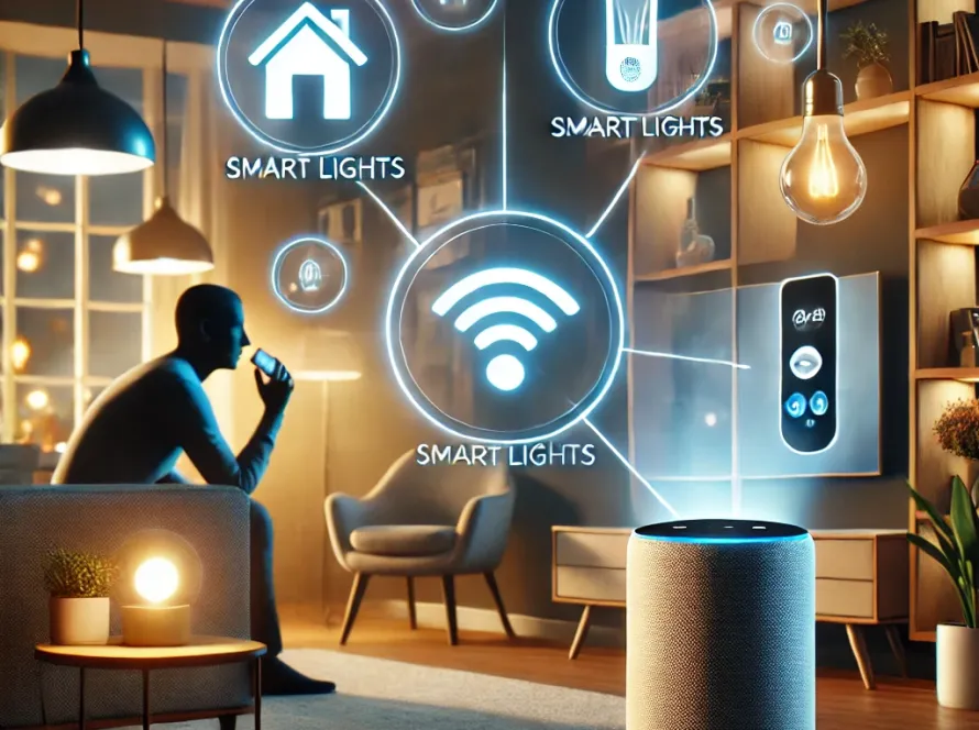 A modern home setting with voice-controlled devices including a smart speaker, smart lights, and a smart thermostat, being controlled by voice commands in a comfortable living room.