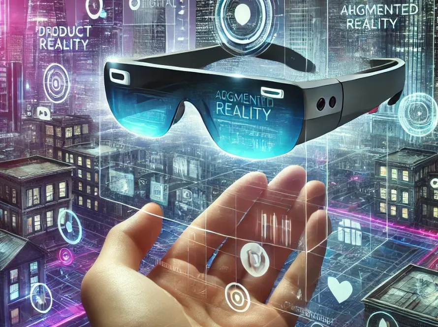A futuristic scene featuring augmented reality glasses in a high-tech urban environment. The AR glasses have a sleek, modern design with transparent lenses that display digital information overlaid on the real world. The cityscape includes towering buildings and vibrant digital overlays, showing product information, navigation aids, and interactive elements. The image highlights the seamless integration of digital and physical worlds through advanced AR technology.