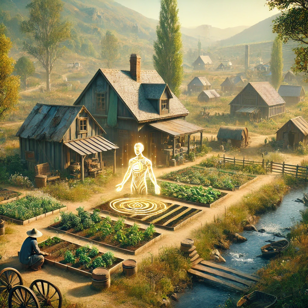 A peaceful village restored in a post-apocalyptic world, with the AI healer helping villagers plant crops.