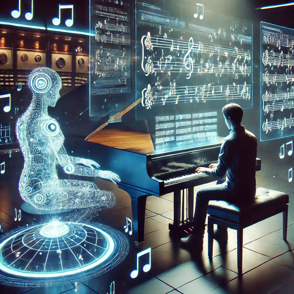 Artist composing music with AI at a digital piano.