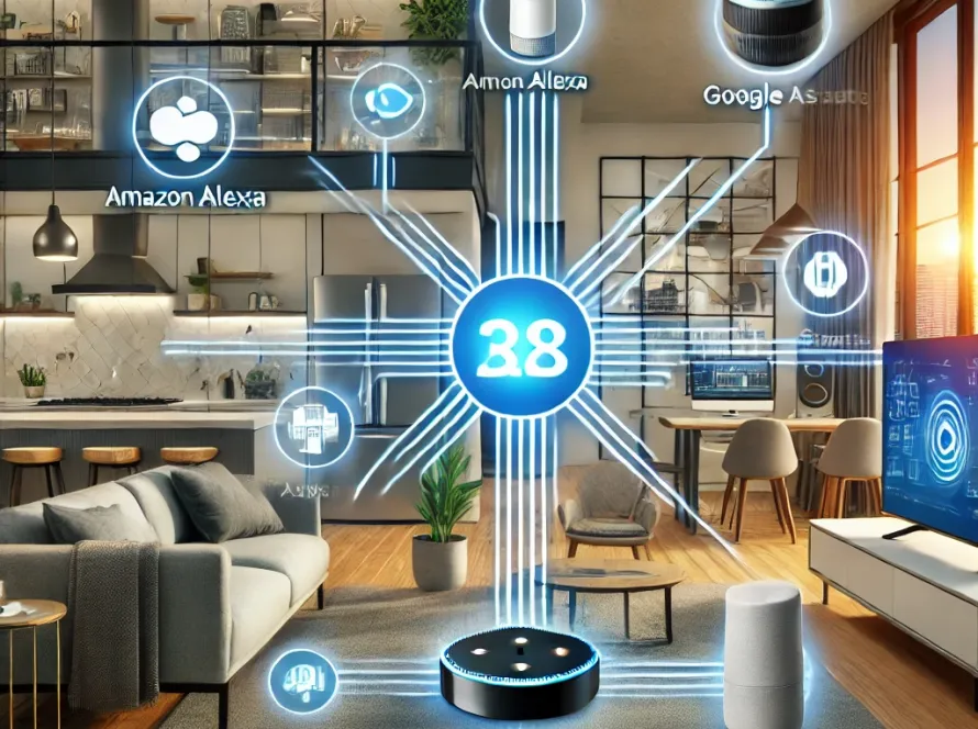 AI platforms like Alexa, Google Assistant, and Siri integrated into a home automation system.