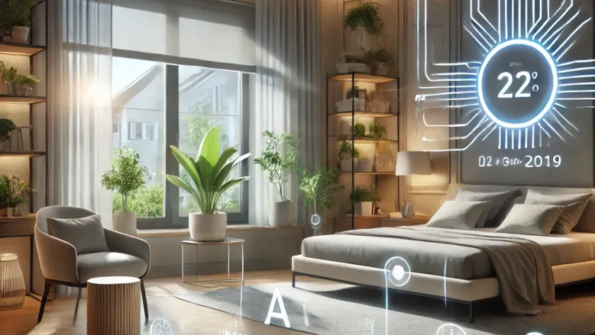 AI-powered lighting system adjusting brightness and color in a smart home.