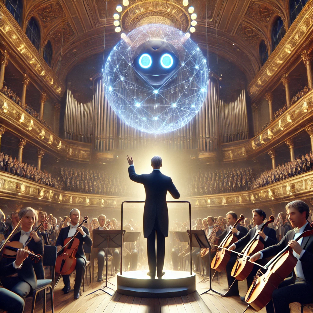 Maestro Elias taking a bow in a grand concert hall, with an AI orb hovering above the stage, glowing softly in blue and violet hues, as the audience gives a standing ovation.