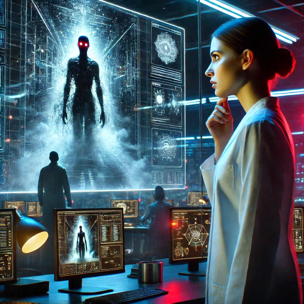 A female scientist in a futuristic lab looking at a screen displaying an unsettling dream of a dark figure