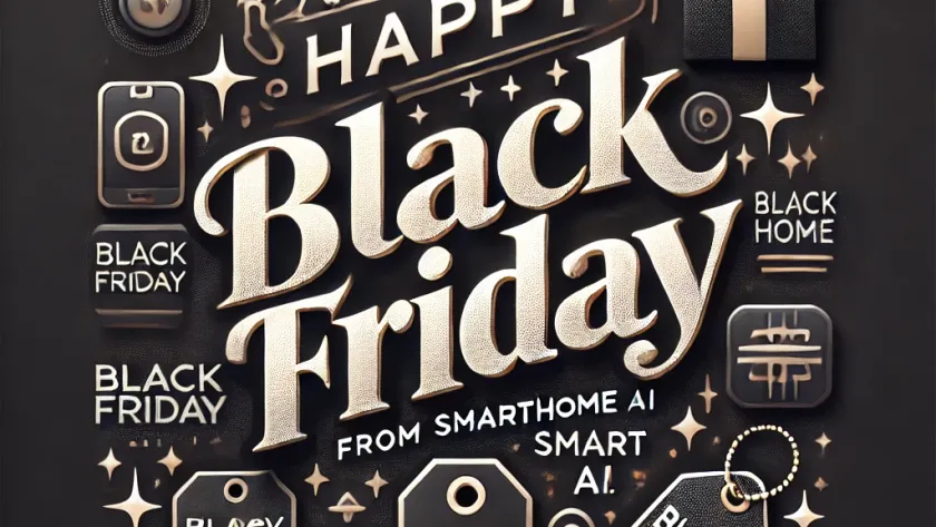 Happy Black Friday from SmartHome AI with a sleek, dark background and shopping icons.