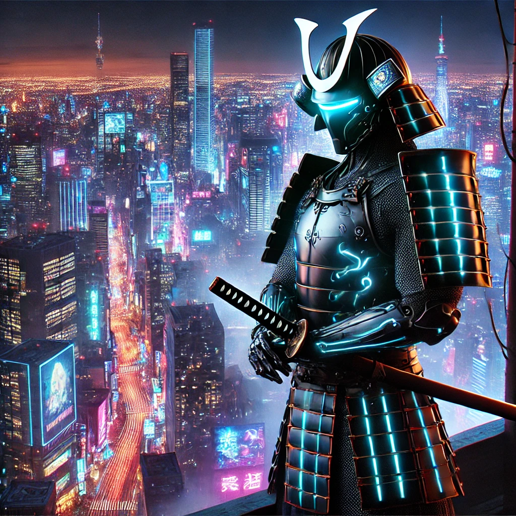 A cybernetic samurai standing atop a neon-lit skyscraper, gazing over the sprawling cityscape at night, wearing futuristic armor with neon-blue circuitry.