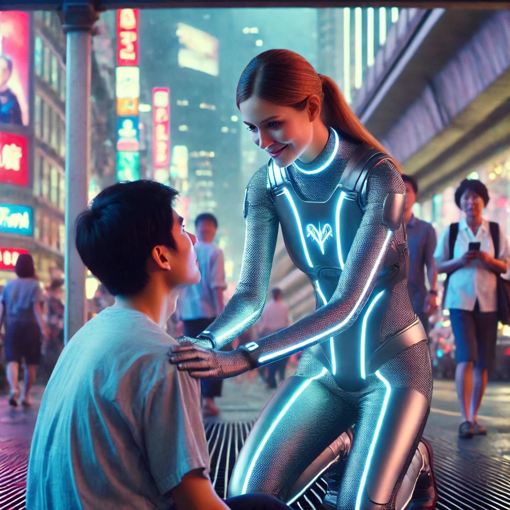 Dr. Mira Raine helping an injured man sit up, in a bustling futuristic street filled with neon-lit skyscrapers and holographic advertisements.