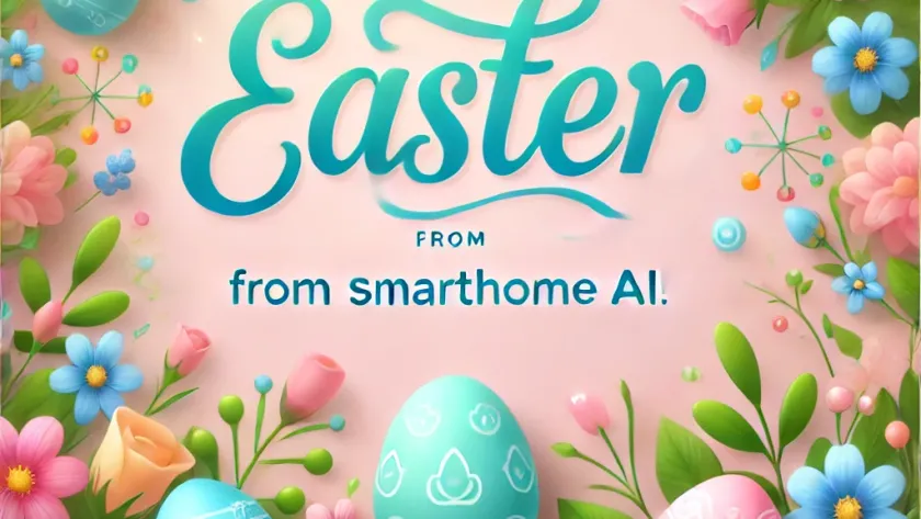 Happy Easter from SmartHome AI! 🐣 2 Happy Easter from SmartHome AI with spring flowers and Easter eggs.