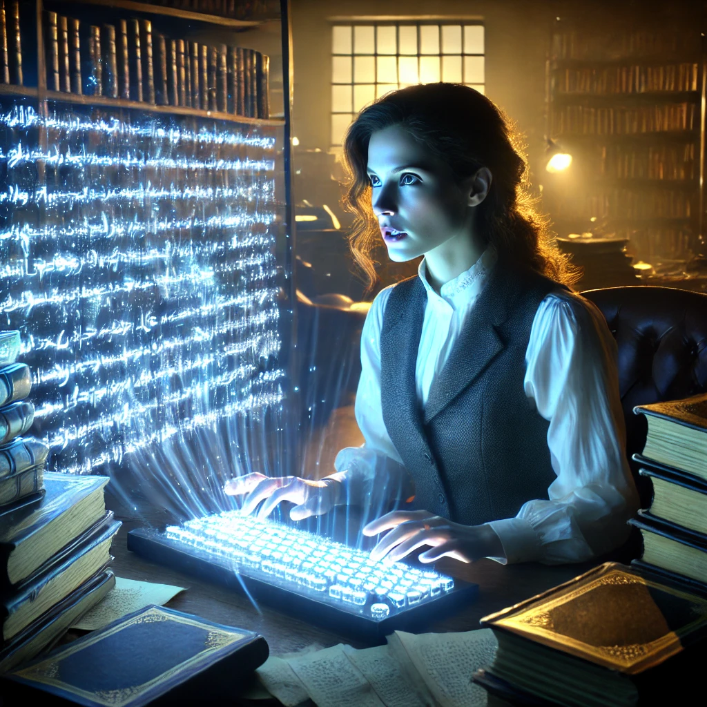 A female historian named Dr. Elara Kane sitting at her desk at night, surrounded by manuscripts and digital screens with glowing mysterious text.