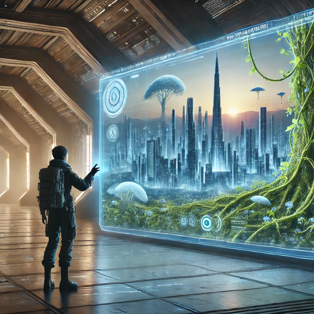 The Forgotten Archives - Mira touching a holographic panel of a city overtaken by vines