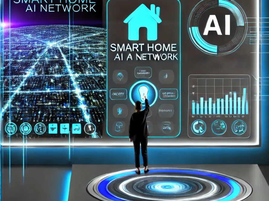 Futuristic smart home AI dashboard displaying smart home control systems, AI analytics, and network performance in a tech-savvy environment.