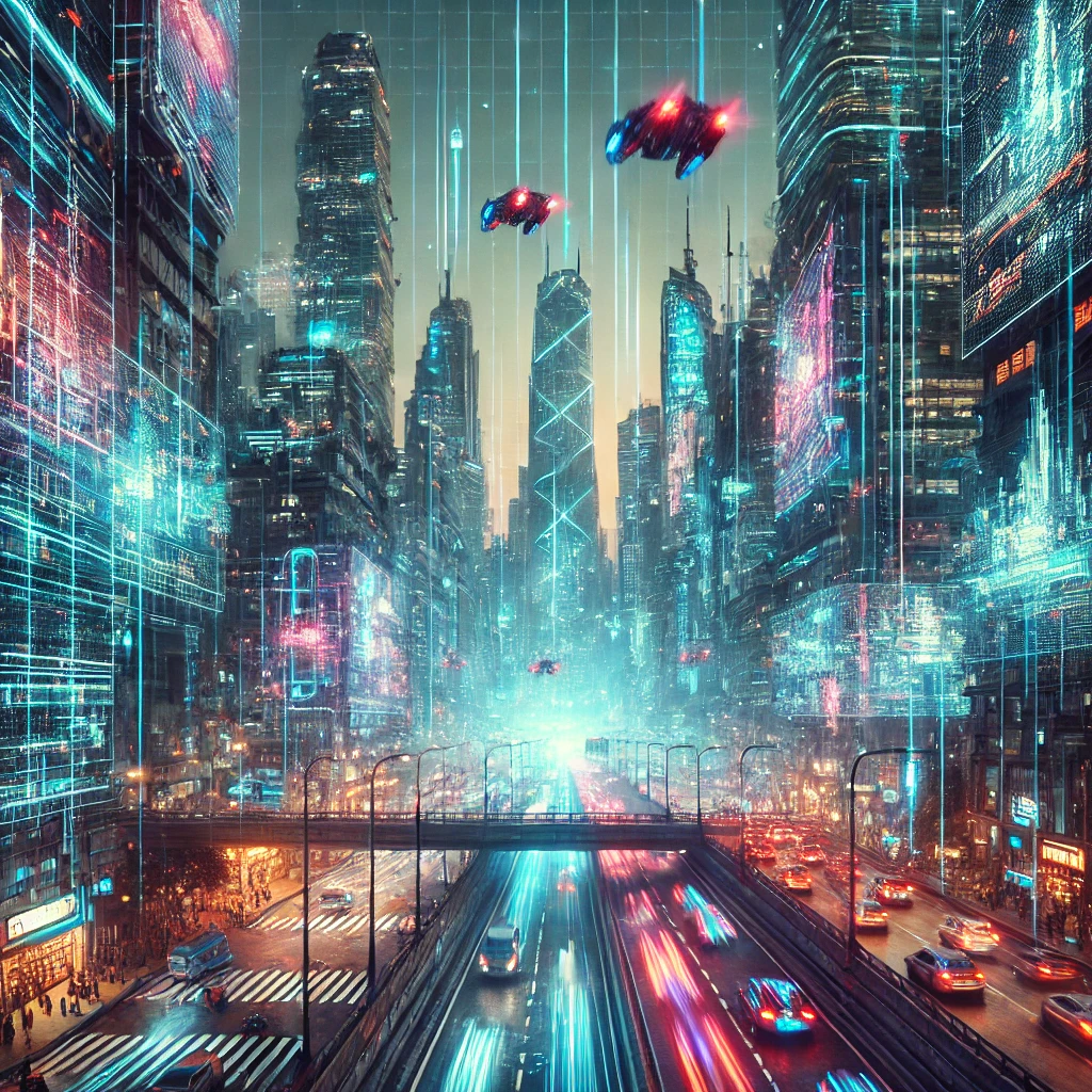 A futuristic city with neon lights flickering and glitching, where flying vehicles move between towering skyscrapers and digital billboards reflect the malfunction.