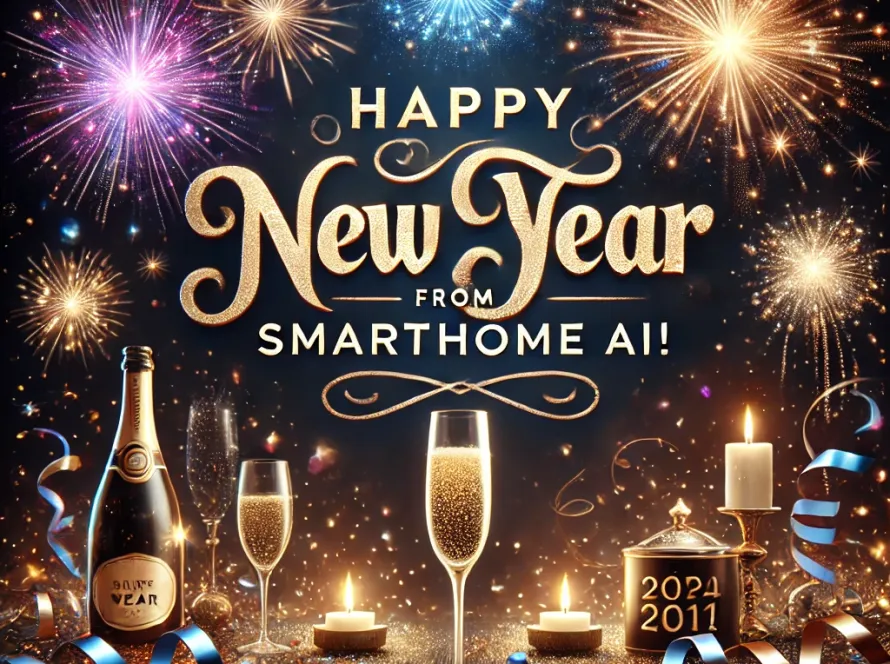 Happy New Year from SmartHome AI! Festive scene with fireworks, confetti, and champagne, celebrating the new year.