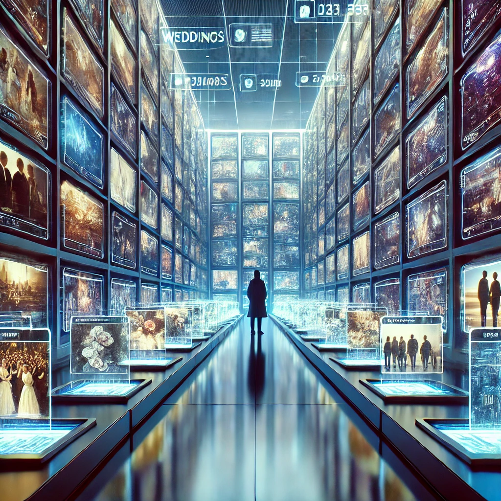 Person walking through a futuristic memory archive room filled with holographic panels.