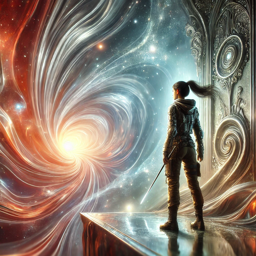 A female traveler standing at the edge of a shimmering silver portal, looking determined as she prepares for a journey through dimensions.