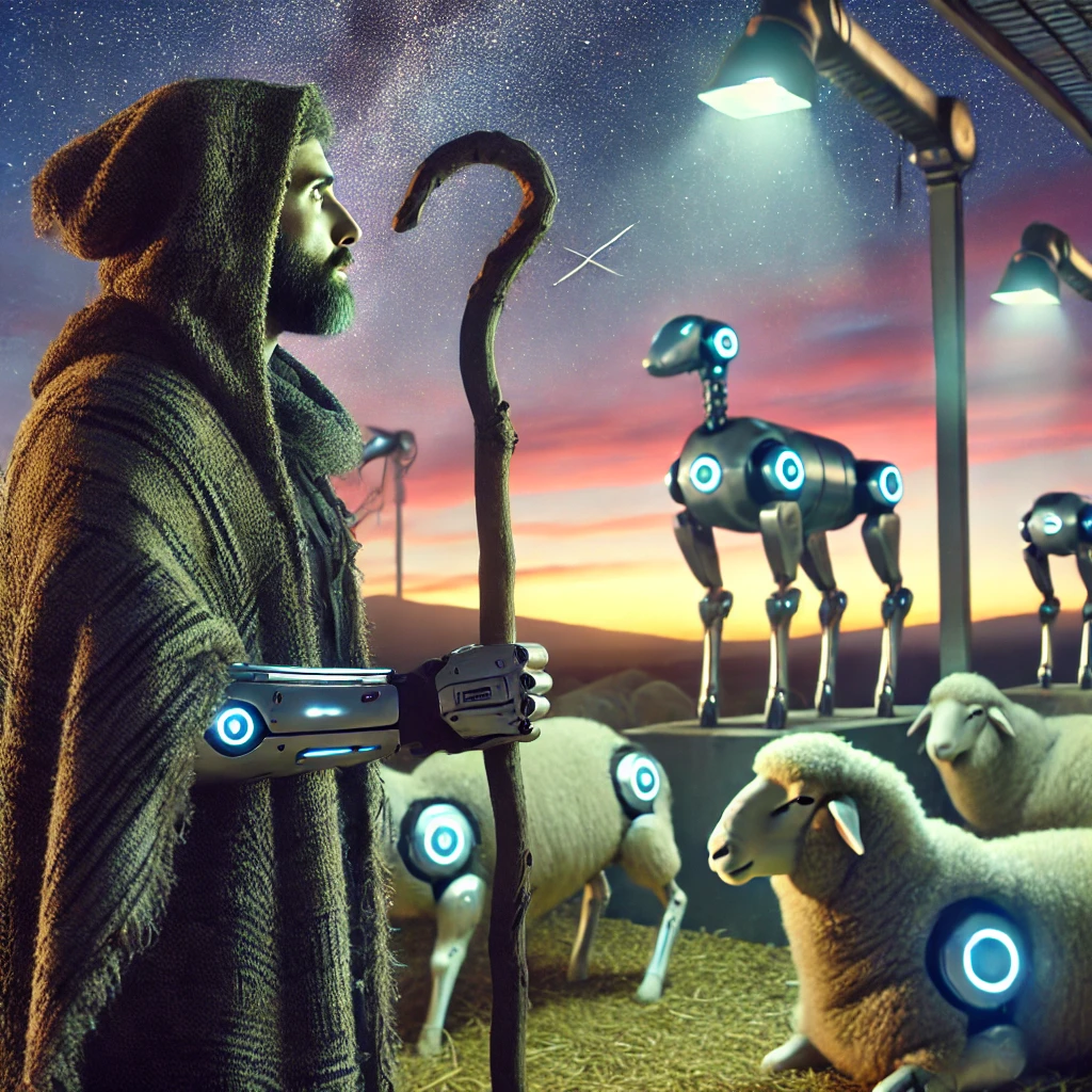 A futuristic shepherd named Aiden gazing at the twilight sky, robotic sheep settled in a holding pen behind him, wearing a woven cloak and leaning on a staff.