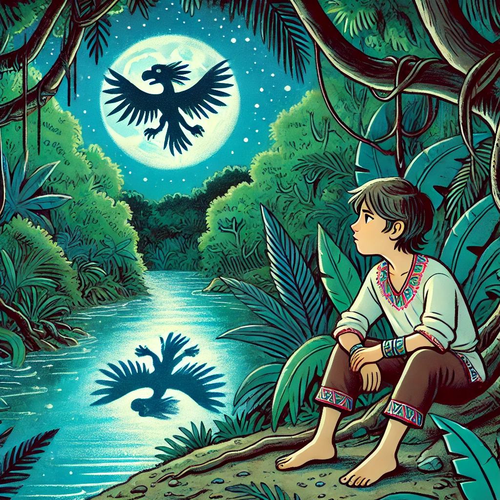 Illustration of Ek' Balam, a young Mayan boy, sitting by a riverbank at night in the jungle, with a vision of a feathered serpent in the sky.