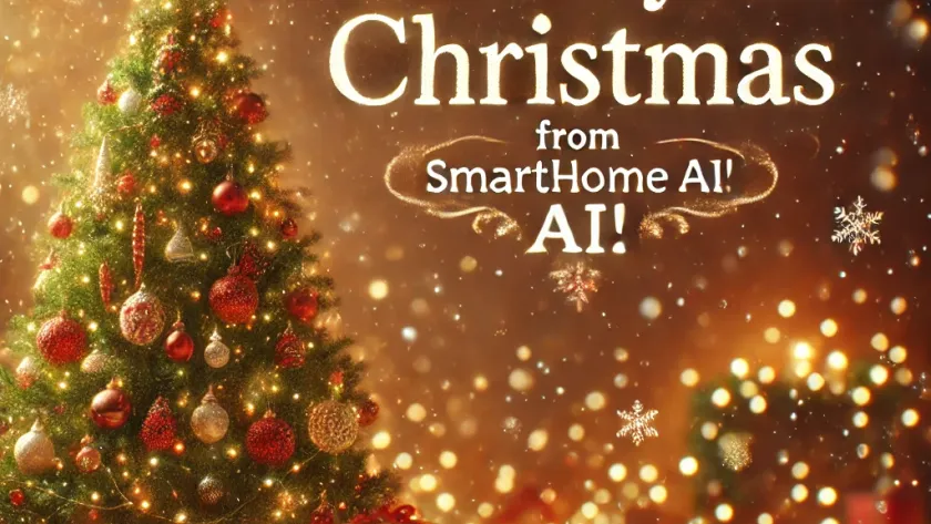 Merry Christmas from SmartHome AI! Festive Christmas tree with lights, ornaments, and presents, with falling snowflakes and warm holiday colors.