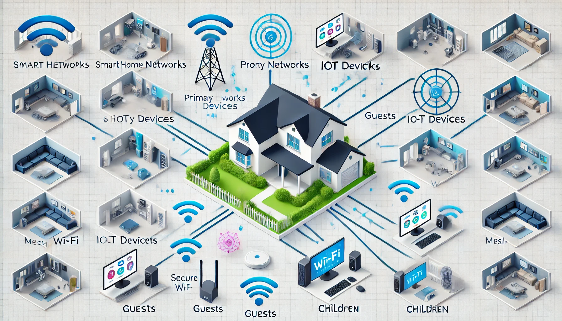 Diagram of a segmented smart home network infrastructure with primary, IoT, guest, and child networks.