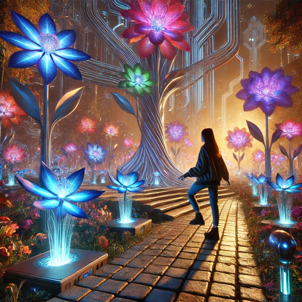 A young woman stepping onto a cobblestone path in a futuristic garden filled with glowing exotic digital flowers, with AI robots tending the garden.