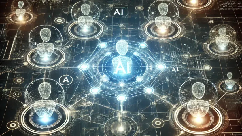 Futuristic digital representation of AI agents collaborating within a complex network, glowing orbs connected by data streams.