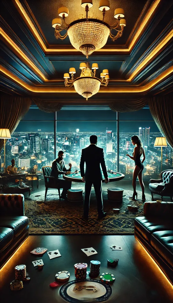 A confrontation in a luxurious casino penthouse at night with Alex, Eva, and The Dealer.