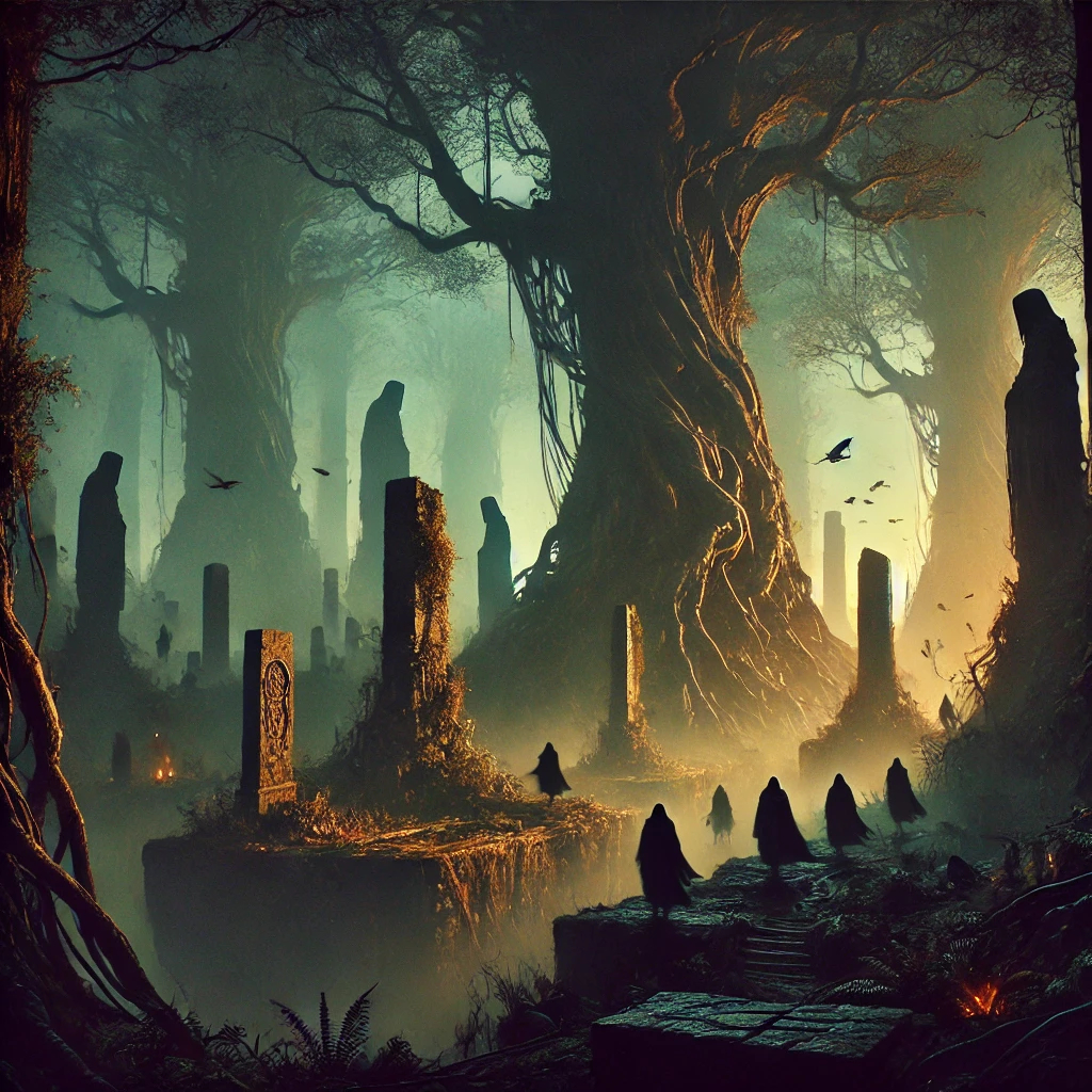 Dark shadows of the skyward sentinels moving among ancient stone relics and towering trees on a floating island.