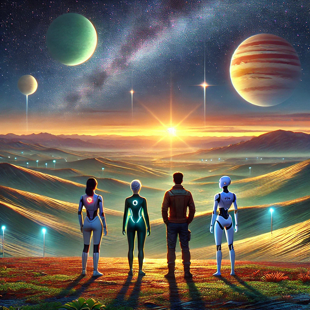 A group of terraformers consisting of humans and AI standing together on an alien landscape under a starry sky, reflecting on their shared progress.