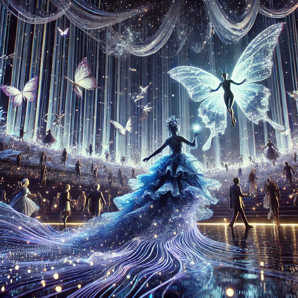 A digital ballroom dissolving into cascading curtains of light, revealing a garden under a digital night sky, with attendees in fantastical avatars dancing, including Lila and a masked figure floating above an ocean.