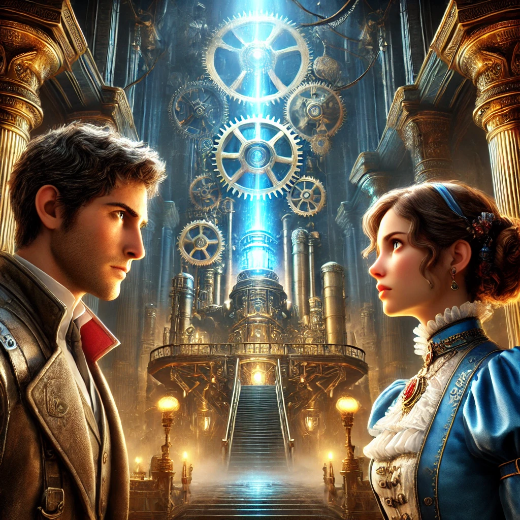 Finn Blakely and Lady Evelyn Gearhart confronting each other near the glowing Aetherium Engine inside the Brassworks Cathedral.