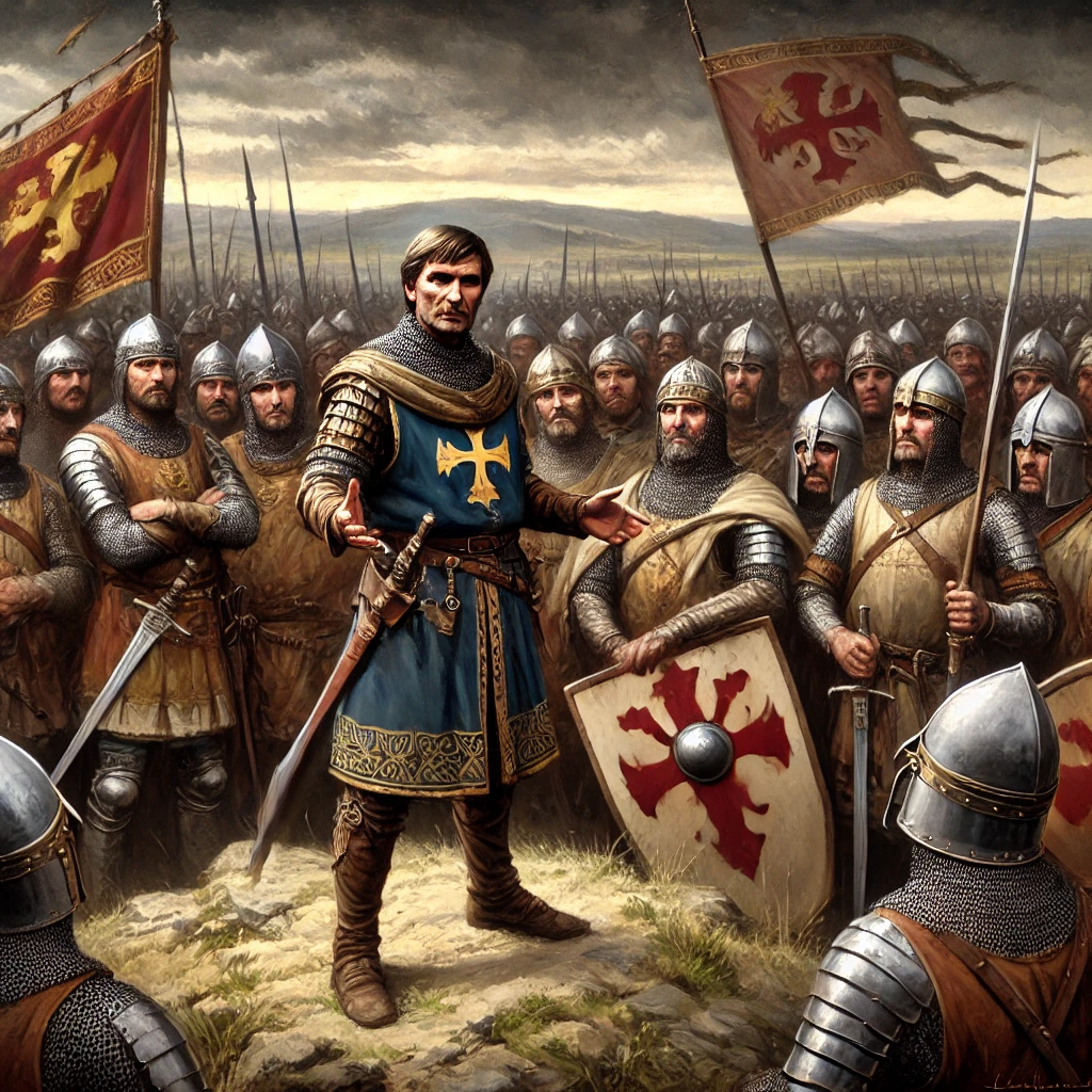 Charles Martel preparing his Frankish soldiers for the Battle of Tours, giving orders with a determined expression.