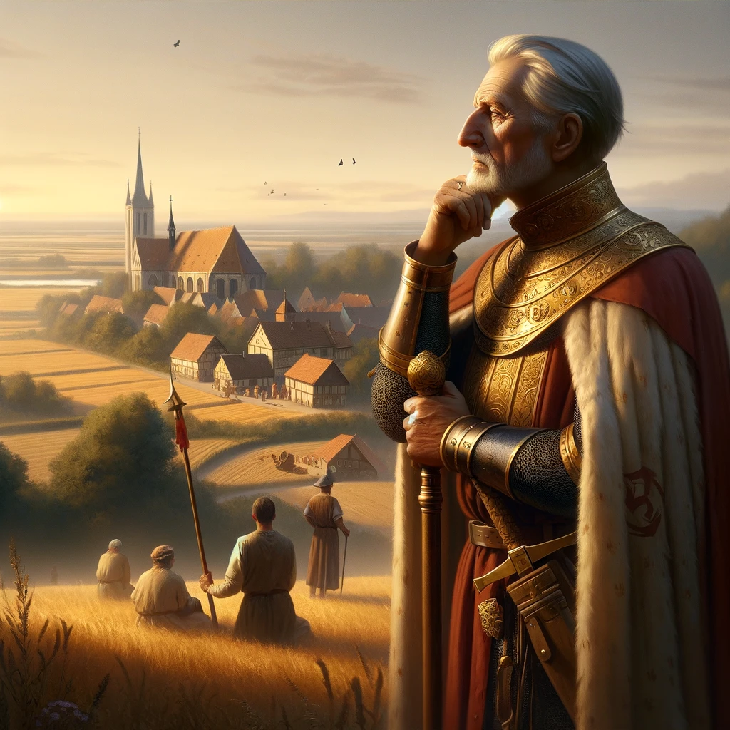 An older Charles Martel reflecting on his legacy, overlooking a peaceful Frankish village from a hilltop.