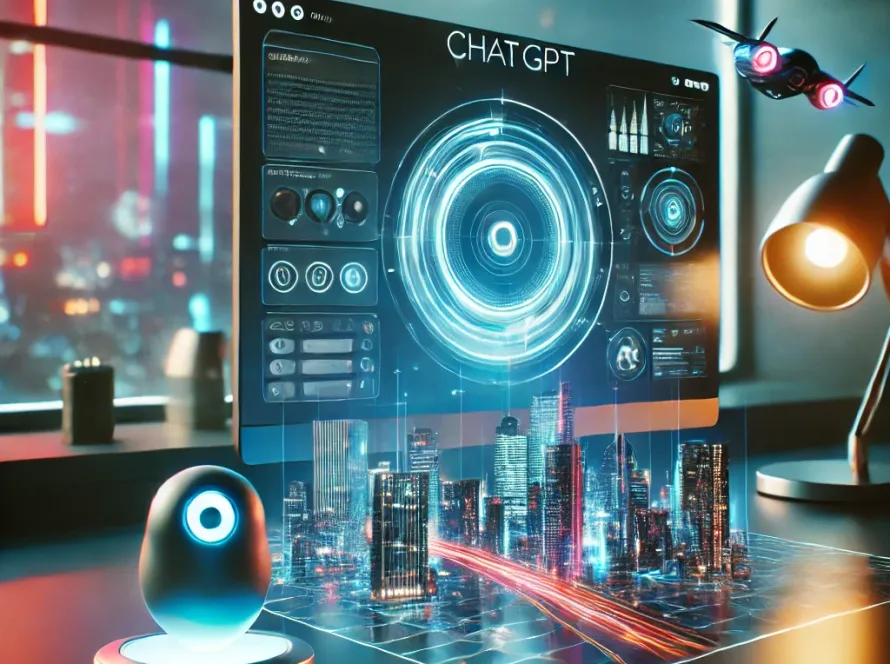 A futuristic concept of the ChatGPT Windows app in a modern digital workspace with a holographic interface.