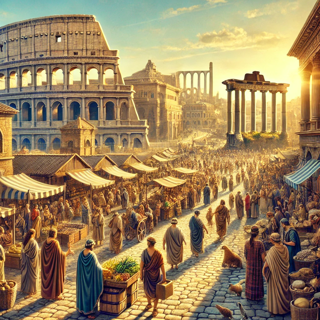 Bustling marketplace in ancient Rome during the Pax Romana, with citizens, merchants, and grand architecture.