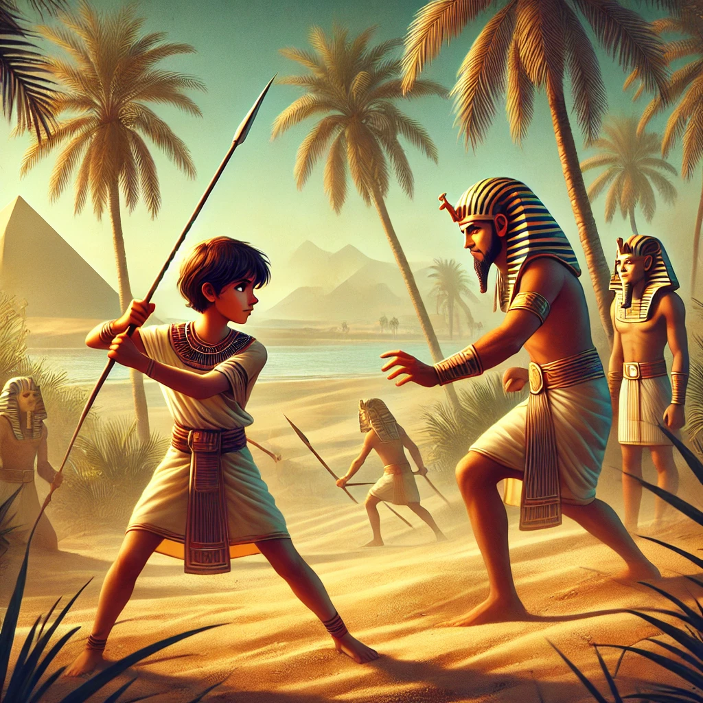 Young Ramses II training as a warrior in ancient Egypt, practicing with a spear under the guidance of a soldier.