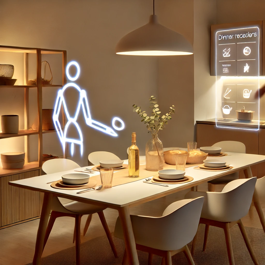 A modern Scandinavian dining area illuminated by warm ambient lighting, with an AI-powered holographic assistant helping a family prepare dinner.