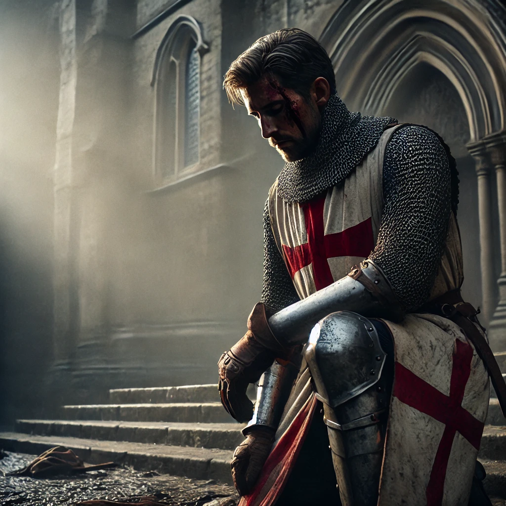 Sir Godfrey kneeling at the steps of the Church of the Holy Sepulchre after the battle.