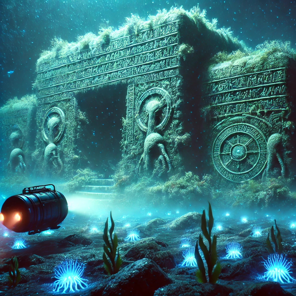 Ancient ruins glowing underwater, discovered near Njord’s Ark.