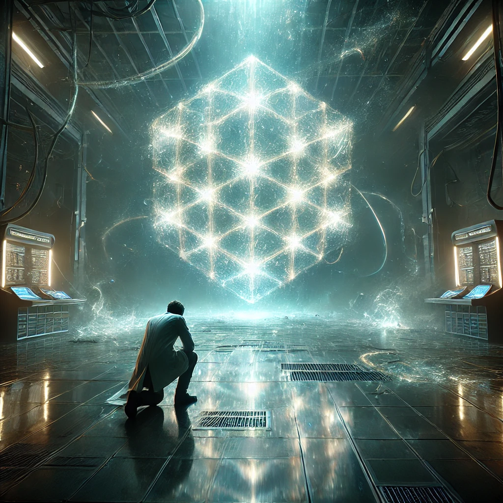 The tesseract vanishing and leaving glowing imprints in a high-tech lab.