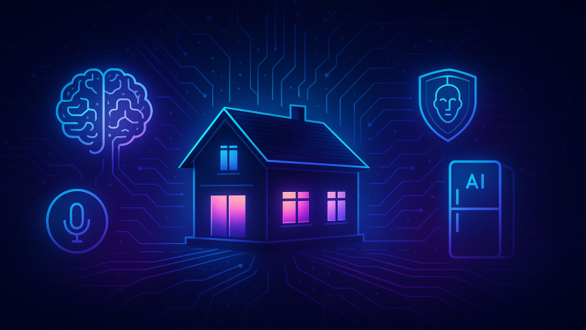 🧠 The Rise of AI-Powered Homes: How Artificial Intelligence Is Reimagining Our Living Spaces 1 Futuristic smart home illustration with neon blue and purple tones, showing a connected house surrounded by AI icons like a brain, voice assistant, and smart refrigerator.