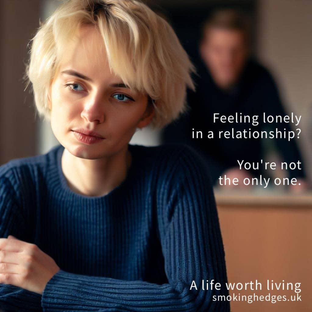A woman looking lonely. A man is seen in the background behind her.