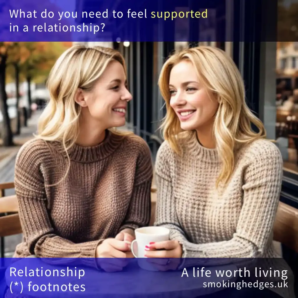 Two women sitting together at a cafe table, text saying What do you need to feel supported in a relationship?