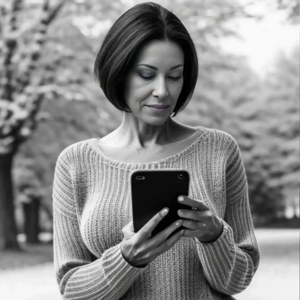 A 45 year old woman looking at her smartphone